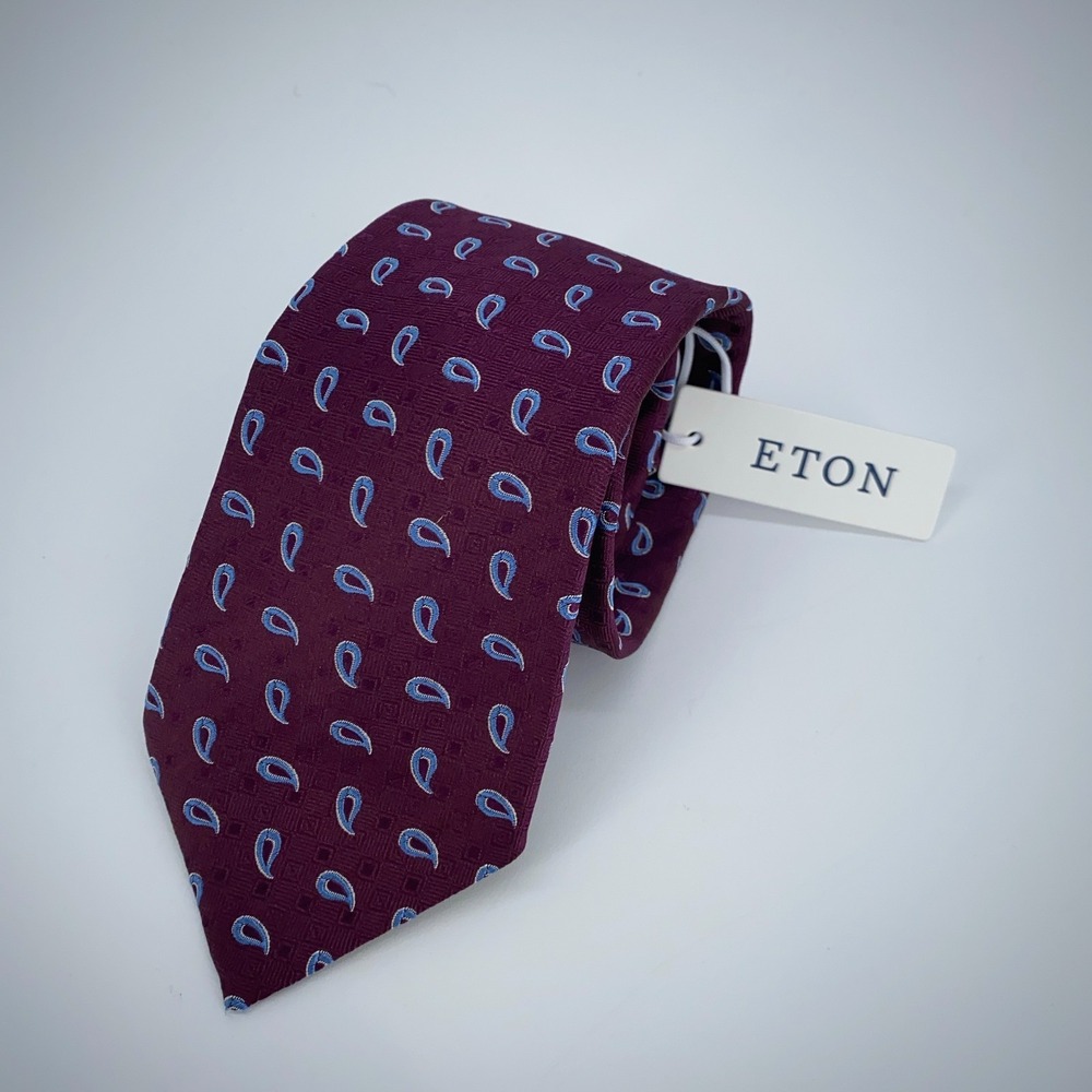 Eton Tie Mens One Size Maroon Blue Paisley Silk Classic‎ Necktie Italy Made NWT